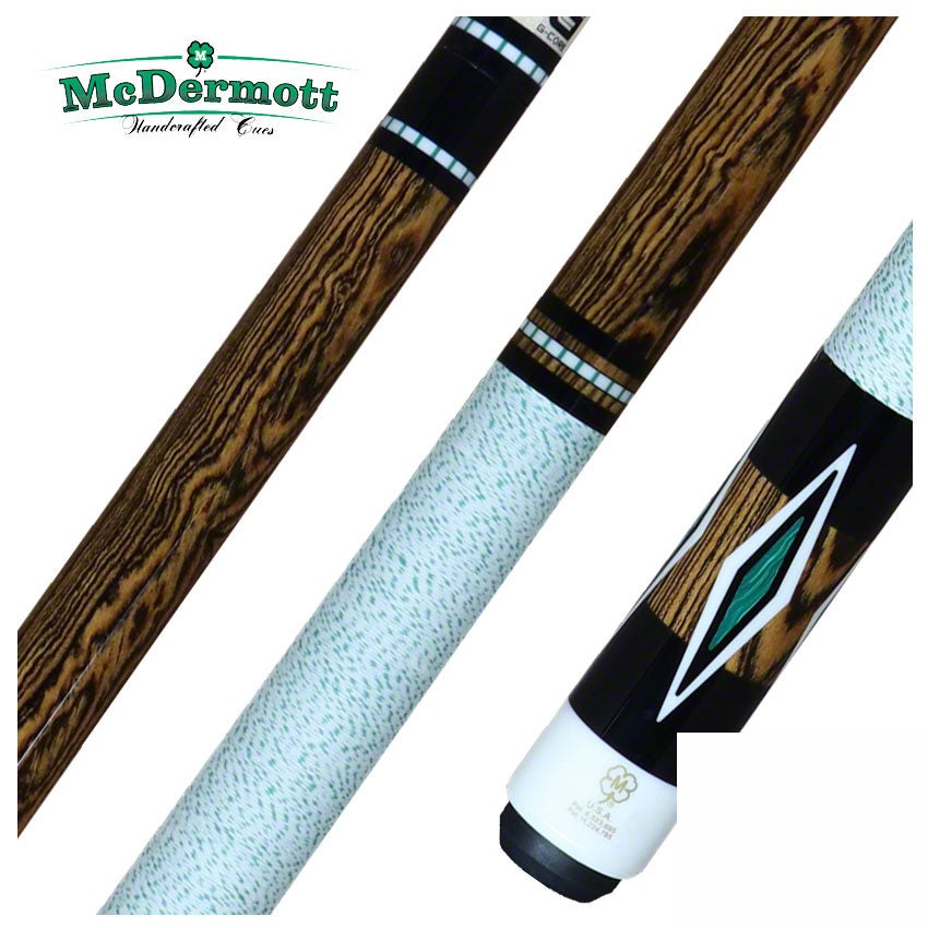 McDermott H Series Bocote Forearm with Malachite/Black/White Urethane Diamond Inlays Pool Cue - H853