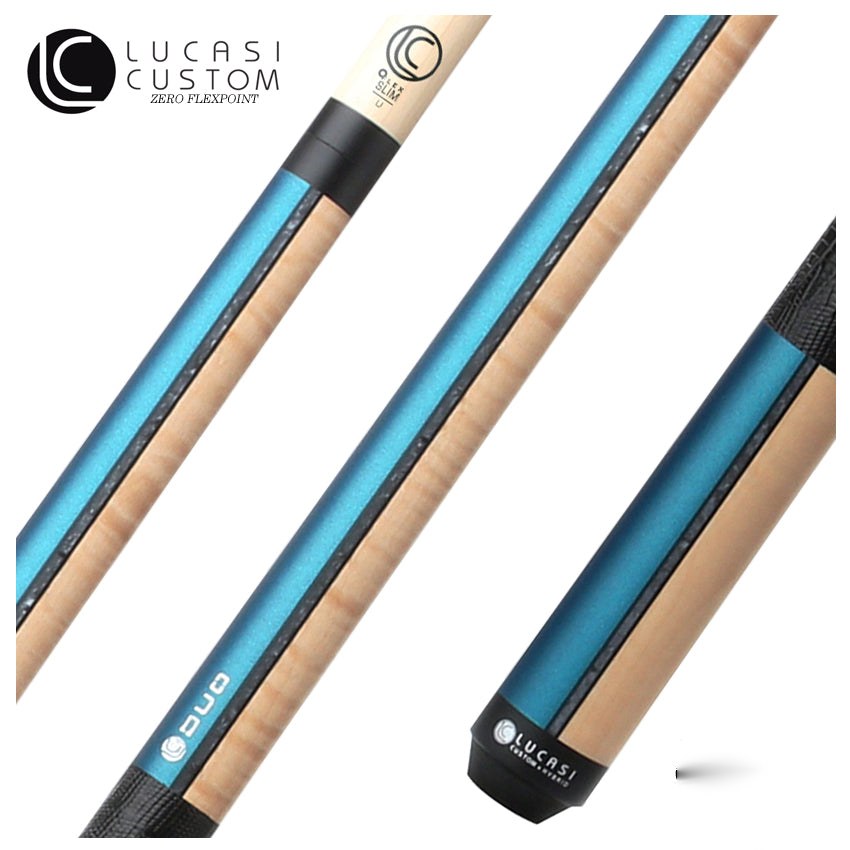 Lucasi Custom Duo Prussian Blue/Natural Super Birdseye Cue with Embossed Leather Wrap Pool Cue
