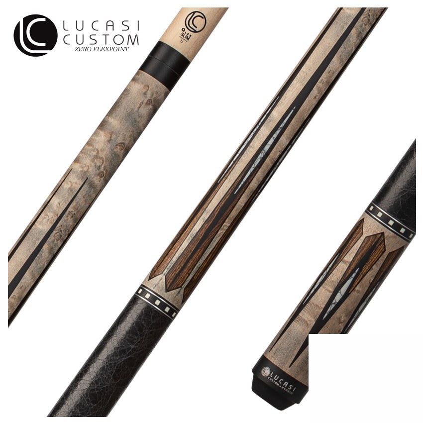 Lucasi Custom Matte Gray Wash Birdseye Maple with 6 Floating Bocote/White Recon Points, and Leather Wrap Pool Cue