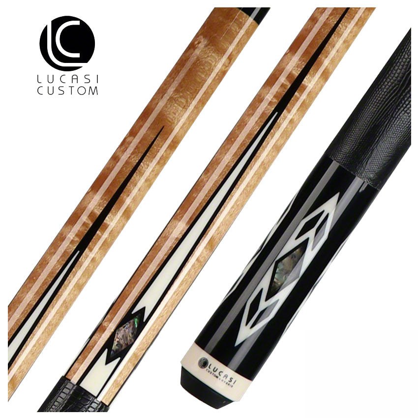 Lucasi Zero Flexpoint Antique Stained Birdseye Maple with Abalone Inlays and Lizard Embossed Black Leather Wrap Pool Cue - LZC24