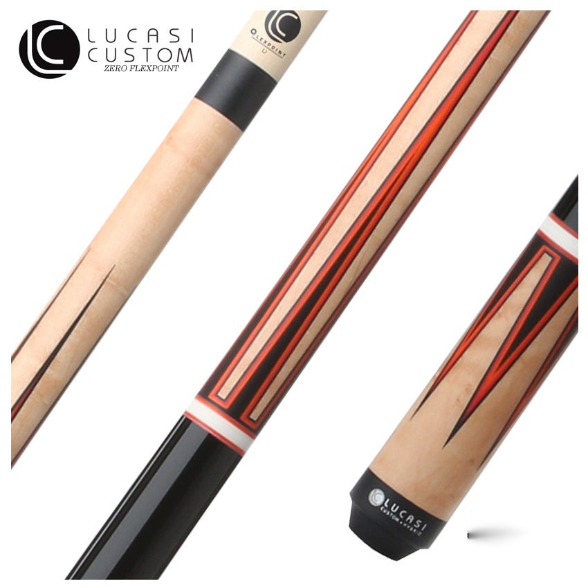Lucasi Custom Black and Antique Birdseye/Red Orange Wrapless Pool Cue