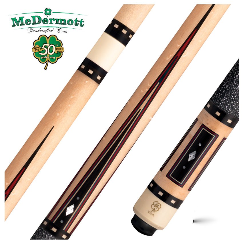 McDermott 50th Anniversary Series Birdseye Maple with Ebony Points and Mother of Pearl Inlays Pool Cue with Maple Shaft and Commemorative 1x1 Case