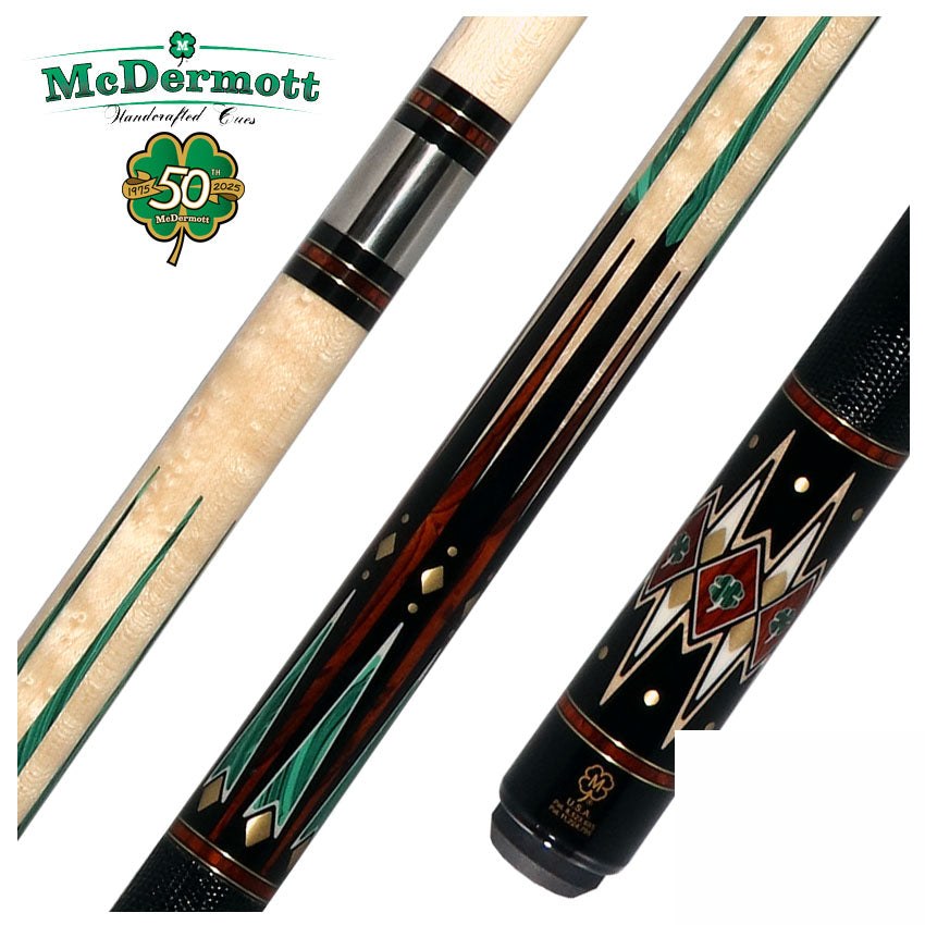 McDermott 50th Anniversary Series Birdseye Maple with Ebony, Cocobolo, and Malachite Points Cue with i2 Shaft and Commemorative 1x1 Case