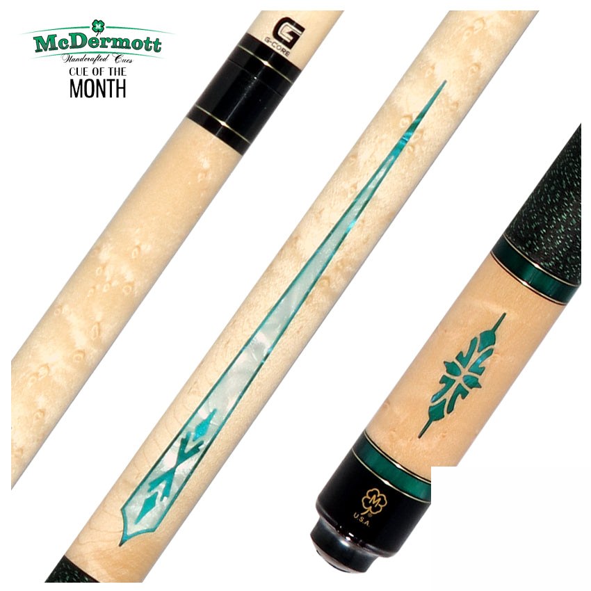 McDermott Birdseye Maple with Green and Pearl Points and Inlays Cue of the Month with G-Core Shaft