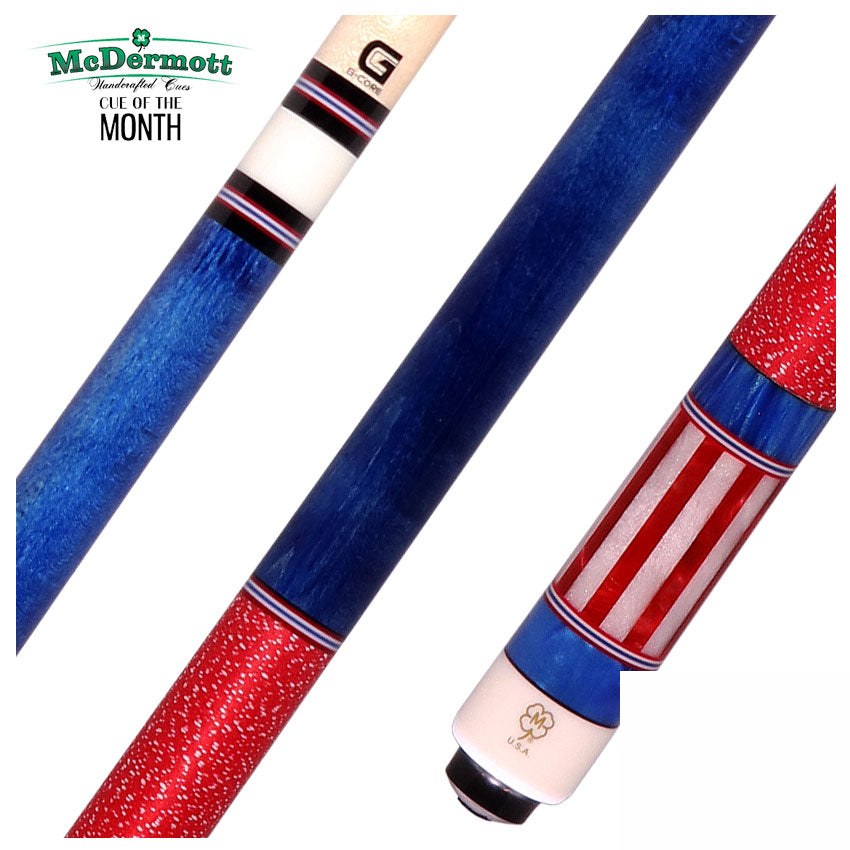 McDermott Blue Stained Birdseye Maple with Red/White/Blue Inlays Cue of the Month with G-Core Shaft