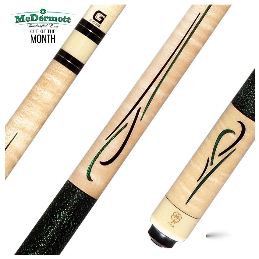 McDermott Curly Maple with Green Malachite and Black Urethane Inlays Cue of the Month with G-Core Shaft