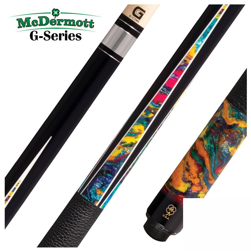 McDermott G Core Series Black Urethane with Multicolored ShokRes Points Play Cue with Textured Leather Wrap