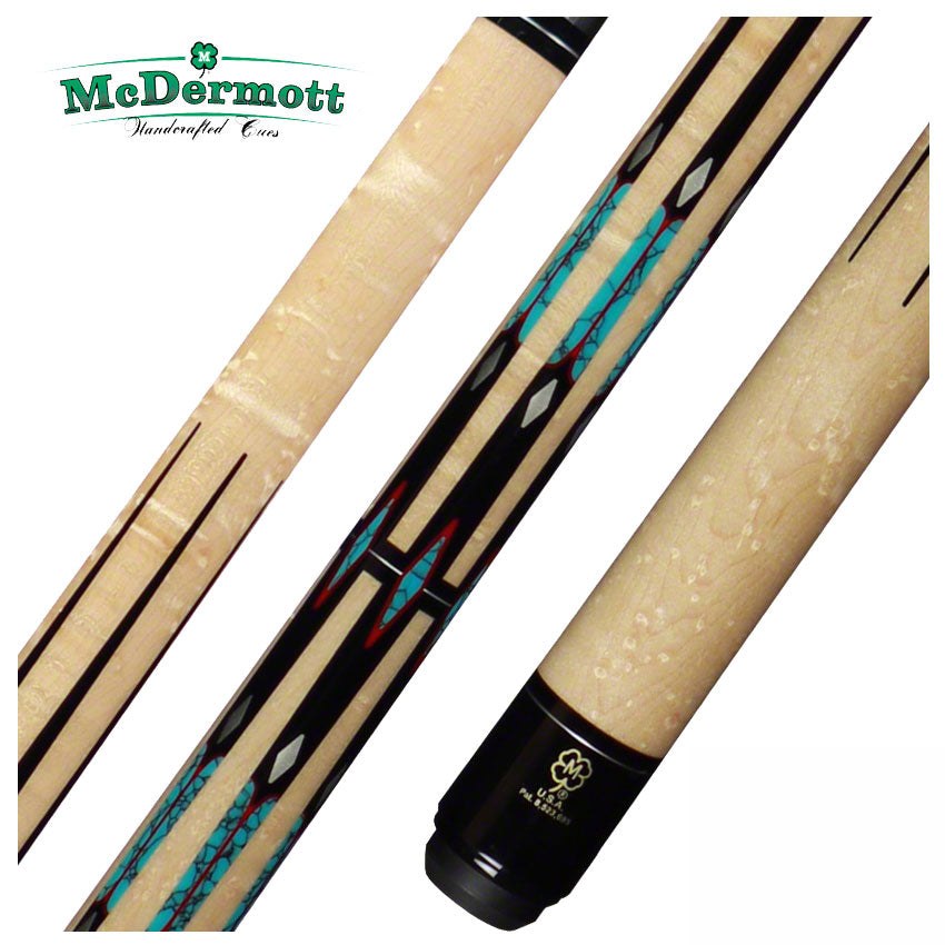 McDermott H Series Birdseye Maple Forearm with Black/Turquoise/Pewter/Red Points Pool Cue - H1050