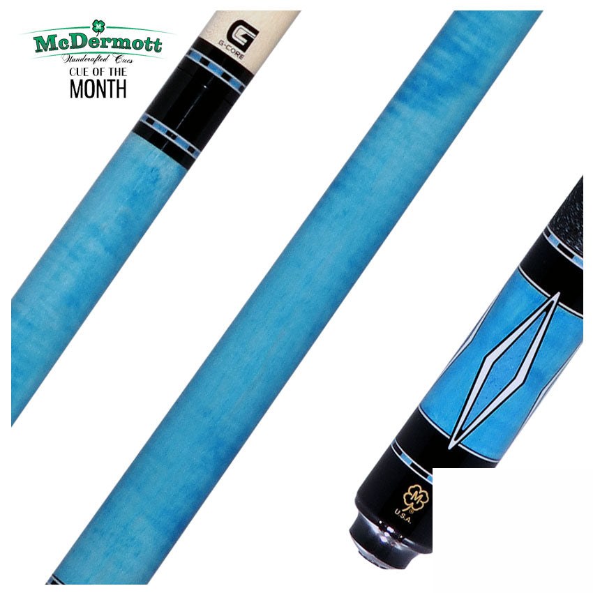 McDermott Sky Blue Stained Curly Maple with White Urethane Inlays Cue of the Month with G-Core Shaft