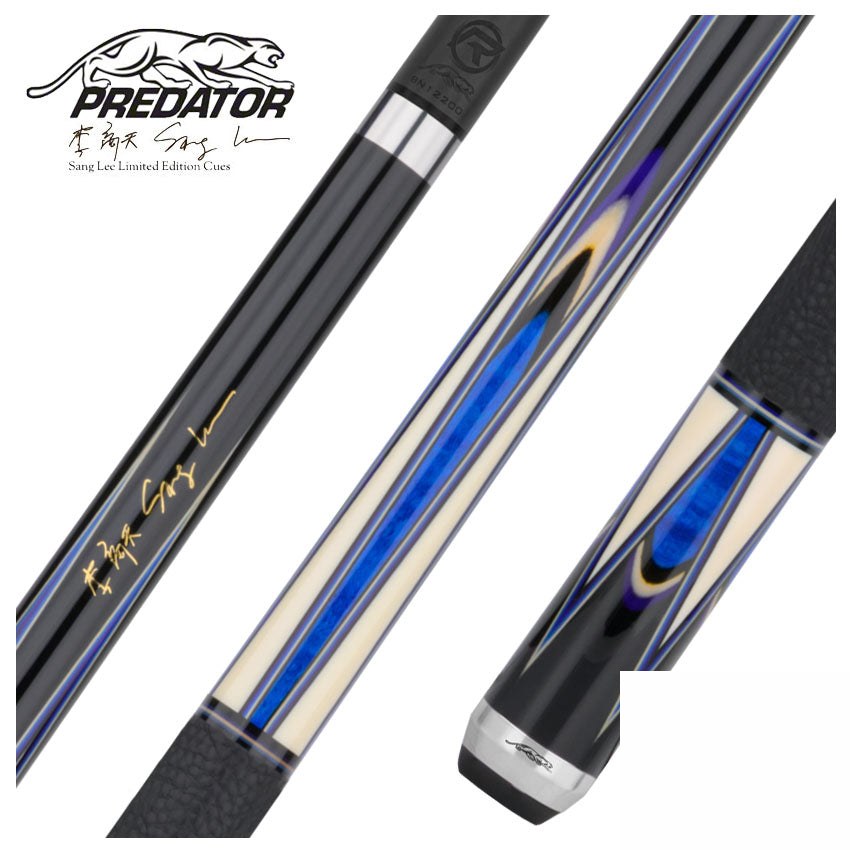 Predator Sang Lee 2-3 Black with Blue / Maple / Black / Purple / Ivorine Butterfly Points Limited Edition Pool Cue - Radial with Luxe Leather Wrap