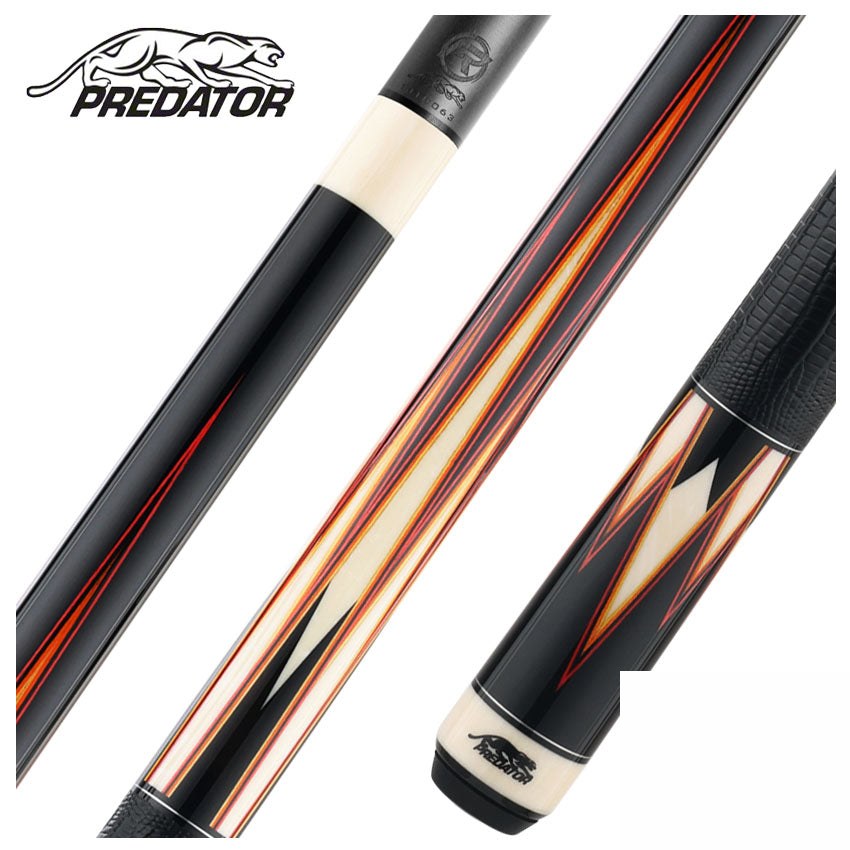 Predator Truesplice 16 Ebony Forearm with Red, Orange and Yellow Veneers Pool Cue with Lizard Wrap - Radial